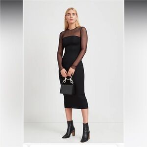 Marcella NYC as S Black Midi Maite Cocktail Dress NWT Long Sleeve Mesh Side Zip